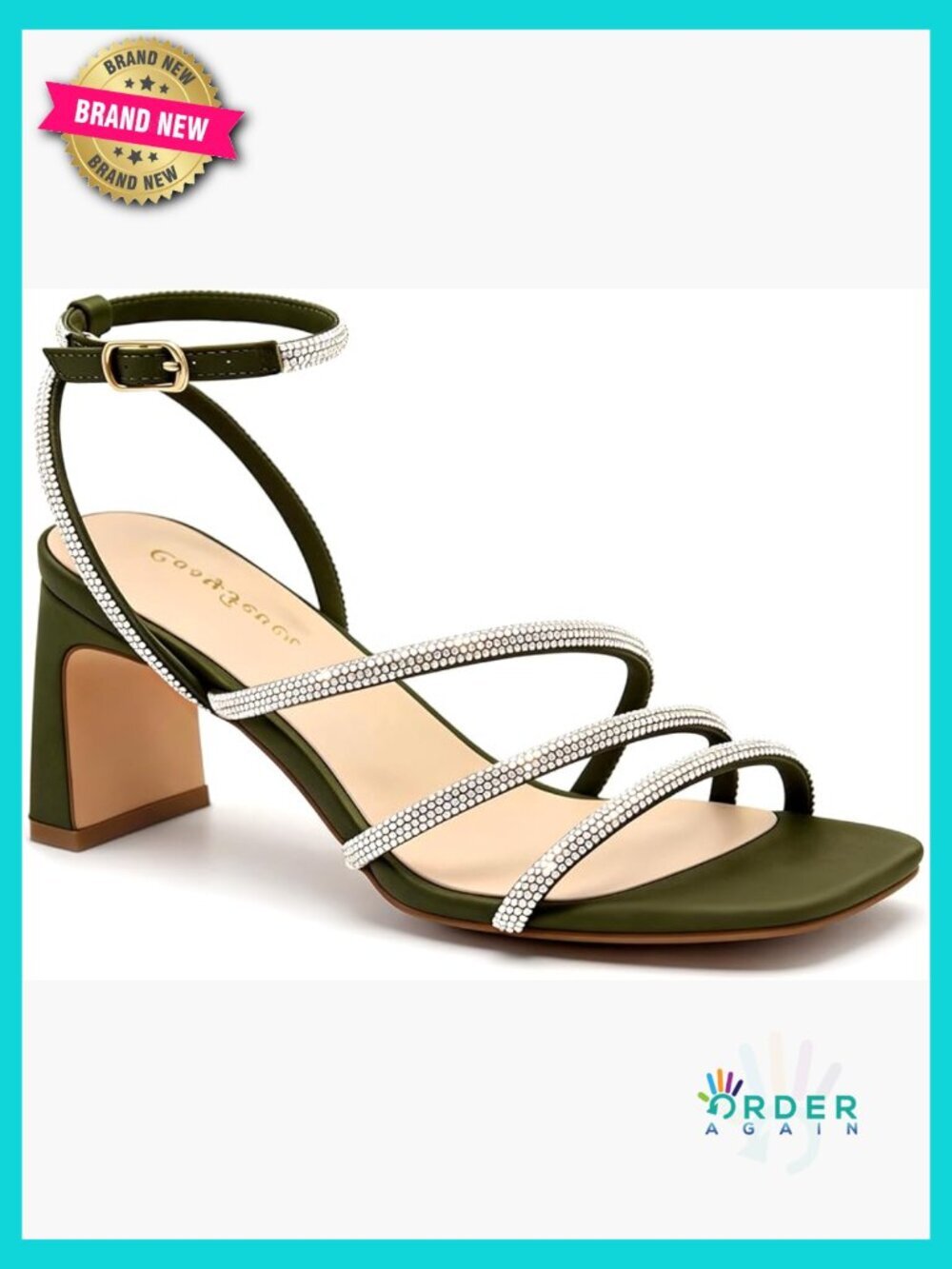 Rhinestone Heeled Sandals Square Toe Block Heels Dress Shoes for Wedding Party